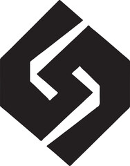 A stylized black logo featuring a geometric shape with an arrow-like design on a white background.