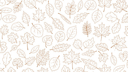 Delicate seamless pattern featuring numerous brown line art leaf sketches and botanical outlines on a white background.