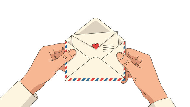 Person opening a classic airmail envelope to reveal a love letter with a small red heart, depicting romance and long distance relationships.