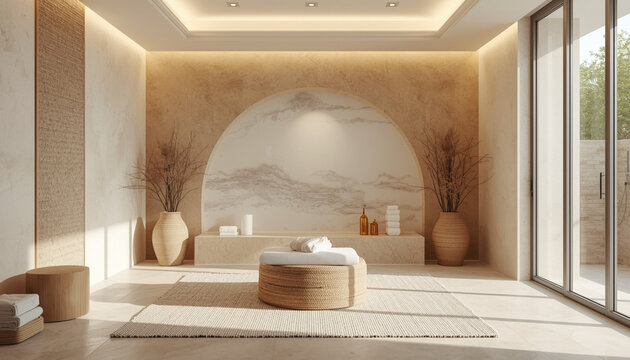 Modern spa interior with beige and white decor