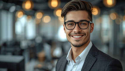 Fototapeta premium Smiling young professional in modern office setting portrait