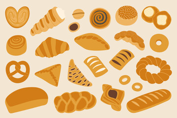 Bakery vector set with croissant, baguette, pretzel, donut and bun on warm cream background. Flat food illustration in cozy artisan style for cafe menu, packaging and branding design.