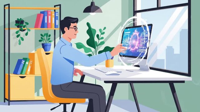 Flat cartoon 2D animated professional man at office desk focused on computer screen gentle typing animation soft mouse movement looping smoothly modern bright workspace with bookshelf decorative plant