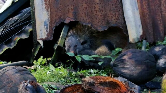 Curious mongoose peeking out from discarded items and natural debris in a cluttered environment