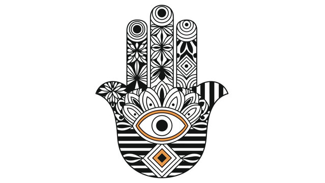 Detailed black and gold hamsa hand symbol with an evil eye and geometric patterns, representing protection, luck, and spiritual harmony.