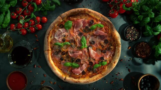 Rotating Fresh Pizza, Endless Loopable Slow Motion Shot.