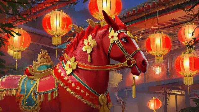 Majestic Red Steed: Detailed Illustration of a Chinese Imperial Horse with Ornate Decorations and Traditional Accoutrements.