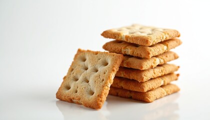 Whole grain crackers are stacked on a white background. They are square shaped with visible perforations and a textured surface. This is a simple, clean food image.