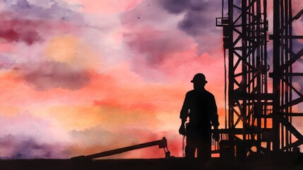 Fototapeta premium Dedicated Worker Silhouette Oil Drilling Sunset Watercolor Illustration Commercial Stock Image