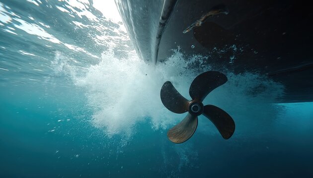 Underwater view shows boat propeller turning fast creating white foam and bubbles. Blue ocean water churns behind moving vessel. Aquatic scene under the hull.