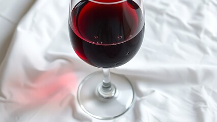 ontology. A glass of deep ruby red wine on white linen with water droplets. bar promotions, beverage menus, designed for food & beverage menus and cafe branding, used by web designers.