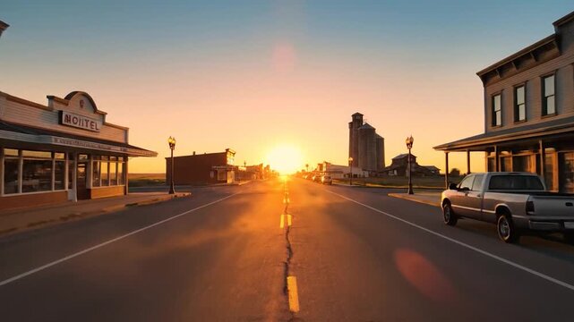 Empty main street of a small town bathed in golden light during a beautiful