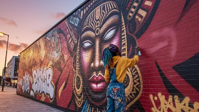 Time-lapse of a street artist painting a cultural mural in Berlin.