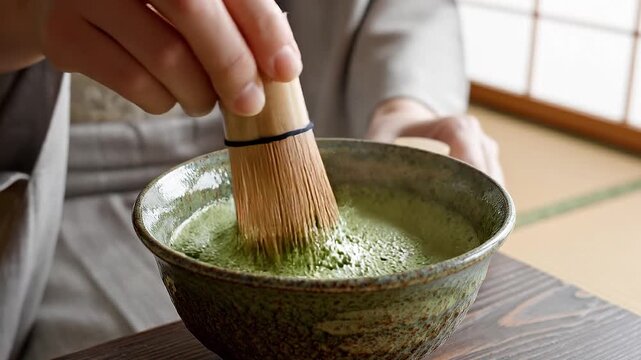 The ritualistic whisking of matcha in a minimalist Japanese tea room.