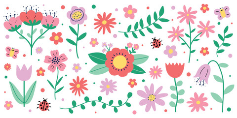 Colourful spring flowers set. Icons in cartoon style. Vector illustration © One Pixel Studio