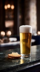 Beer and Crackers on Dark Marble Countertop in Restaurant