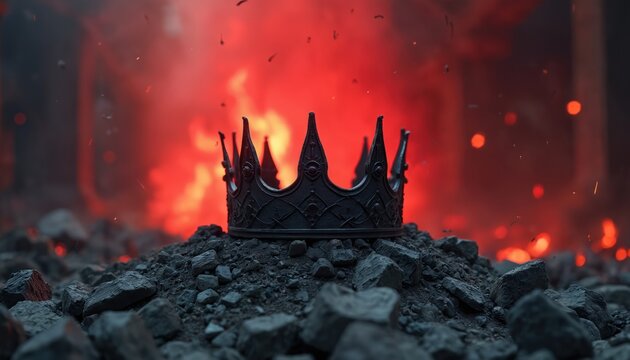 Dark crown rests on pile of rocks. Red fire and smoke rise in background. Symbol of fallen kingdom or lost power and intense conflict. Dramatic scene.