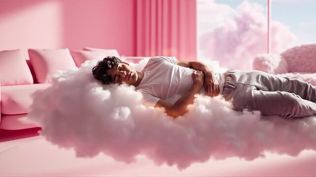 A person sleeping on a soft cloud drifting through a pastel pink room.