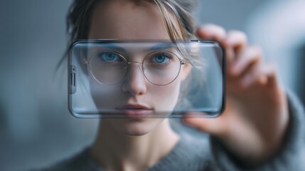 Fototapeta premium Tech-Savvy Gaze: A captivating portrait of a woman looking through a transparent phone screen, her eyes reflecting the digital world, enhanced by her glasses.