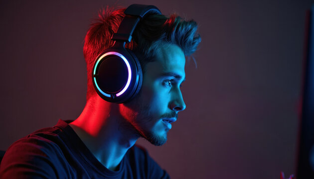 Young man profile wears gaming headphones with colorful led lights. Gamer focused on screen, immersed in virtual world, late night session, neon glow.