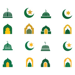 Islamic mosque and crescent moon star in green and gold