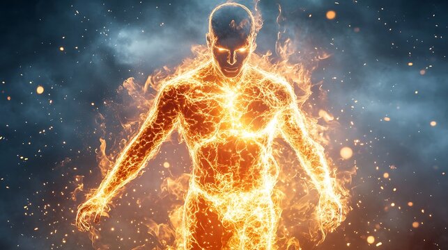 A powerful, glowing humanoid figure enveloped entirely in intense orange and yellow cosmic energy flames, emanating raw heat and supernatural light against a dark atmosphere.