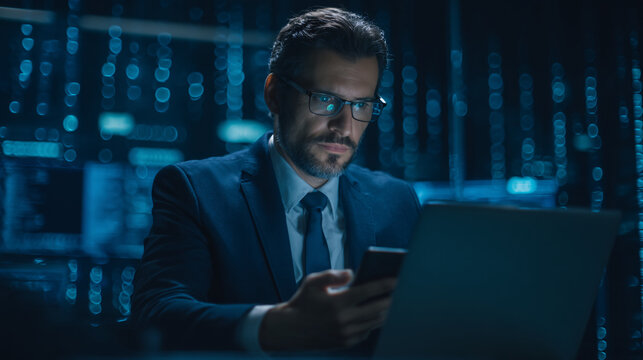 A man in formal attire using a smartphone in a high-tech environment.
