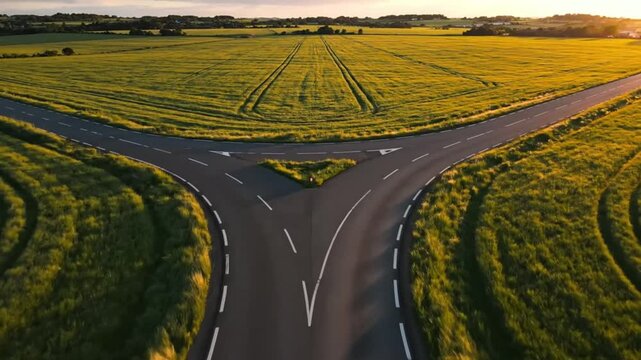 Aerial view of a road splitting into two directions within a vibrant green field during a sunset
