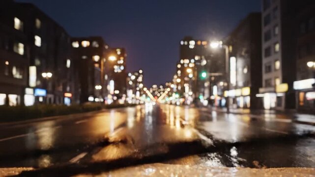 Nighttime driving scene from driver perspective through windshield illuminated road ahead by bright car headlights wet asphalt reflecting light city buildings and street lamps glowing softly along roa