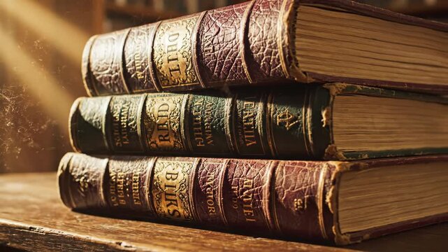 Stack of Old Leather Bound Books Illuminated by Sunlight Rays.