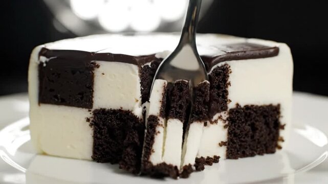 Delicious checkerboard cake with chocolate frosting being cut with a fork on a white plate