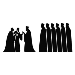 Black silhouettes of men in robes and hats talking and standing in line