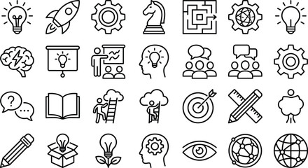 Innovation strategy line icons set, startup growth symbols, brainstorming creativity vector outline collection for business education presentations © Itz Julfikar Here