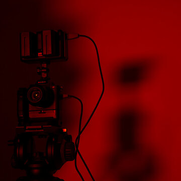A camera sits on a tripod in a dark room with red lighting