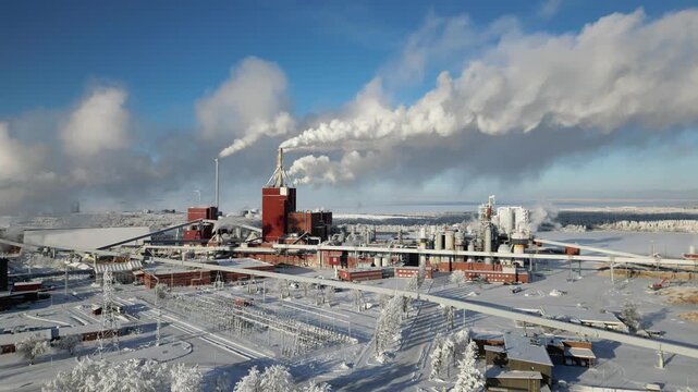 Paper mill factory in cold February day, Oulu Finland