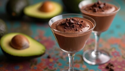 Fototapeta premium Two glasses with chocolate avocado mousse are topped with chocolate shavings. Whole and halved avocados surround desserts on colorful patterned surface. This healthy vegan treat is creamy and rich.