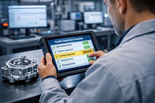 Digitalized quality assurance workflow QA manager validating inspection results on tablet beside finished component emphasizing traceable data driven control efficiency and modern factory standards