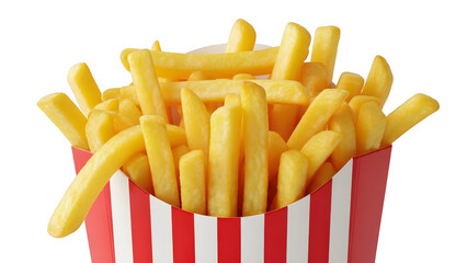 Golden French Fries In Red And White Box Isolated On Black
