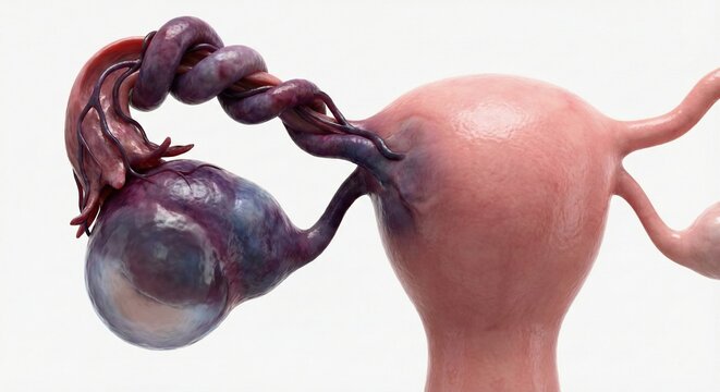 Ovarian torsion caused by cyst medical render features rotated adnexa with compromised blood flow, enlarged ovary with ischemia signs, detailed gynecology pathology illustration