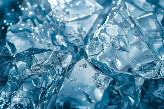 Close-up of melting ice cubes with frosty texture and blue tone