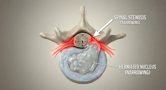 Lumbar spine intervertebral herniated disc sciatica visualization, detailed 3D overhead cross section of vertebra with spinal stenosis narrowing canal and nerve compression pathology