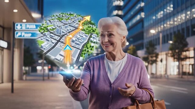 Senior woman confidently navi city streets using a holographic map.