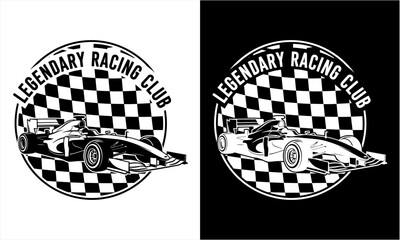 Legendary Racing Club Emblem with Formula One Car and Checkered Flag Design. © Firza