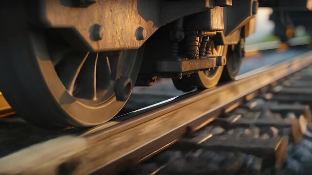 close-up cinematic shot of train wheels moving on railway tracks