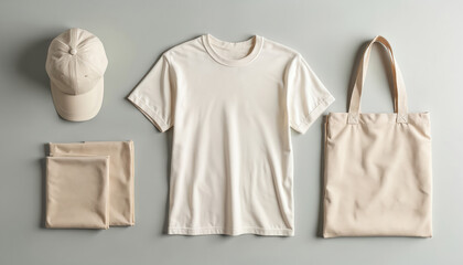 Obraz premium Blank natural cotton t shirt cap and tote bag set. Neutral color apparel and accessories on plain background. Ready for custom print and branding.
