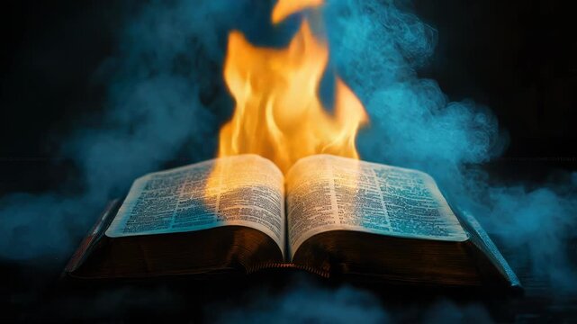 Glowing flame over an open Bible symbolizing the descent of the Holy Spirit. Representation of Pentecost and Trinity in Christian tradition. 
