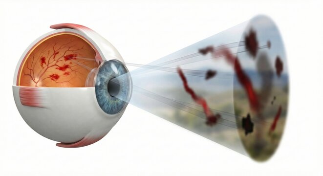 Diabetic Retinopathy medical visualization realistic eye with retinal hemorrhage linked to blurred patches blocking sight, floaters and dark streaks within visual field cone ophthalmology complication