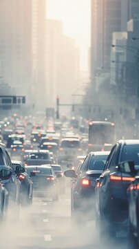 Foggy Urban Traffic Jam with Cars and Morning Sunlight in City