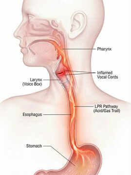 GERD Acid Reflux laryngopharyngeal reflux medical diagram shows acid mist traveling from stomach through esophagus into larynx causing vocal cord inflammation, gastroenterology education render