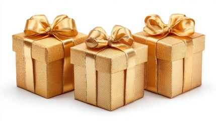 Three luxurious golden gift boxes with satin ribbons and bows on a white background